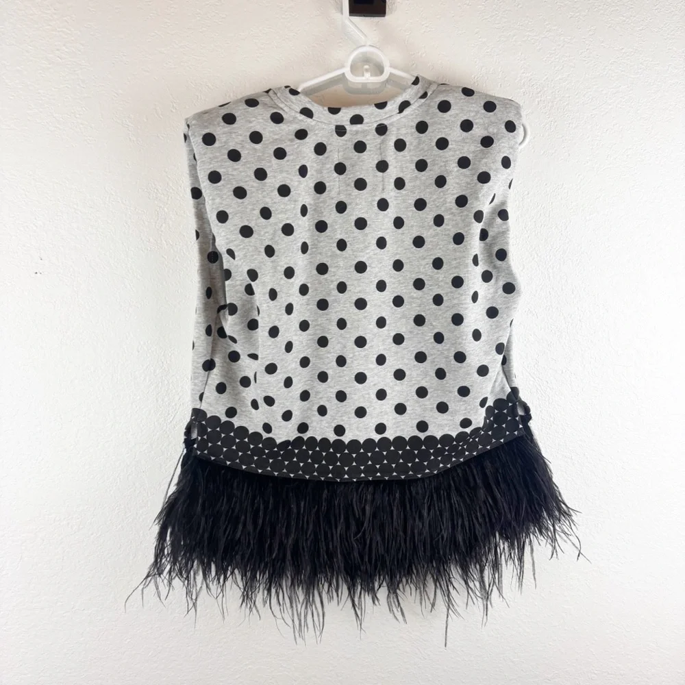 Le Superbe Seeing Double Ostrich Feather Muscle Polka Dot Top Large Gray Black - Picture 5 of 7